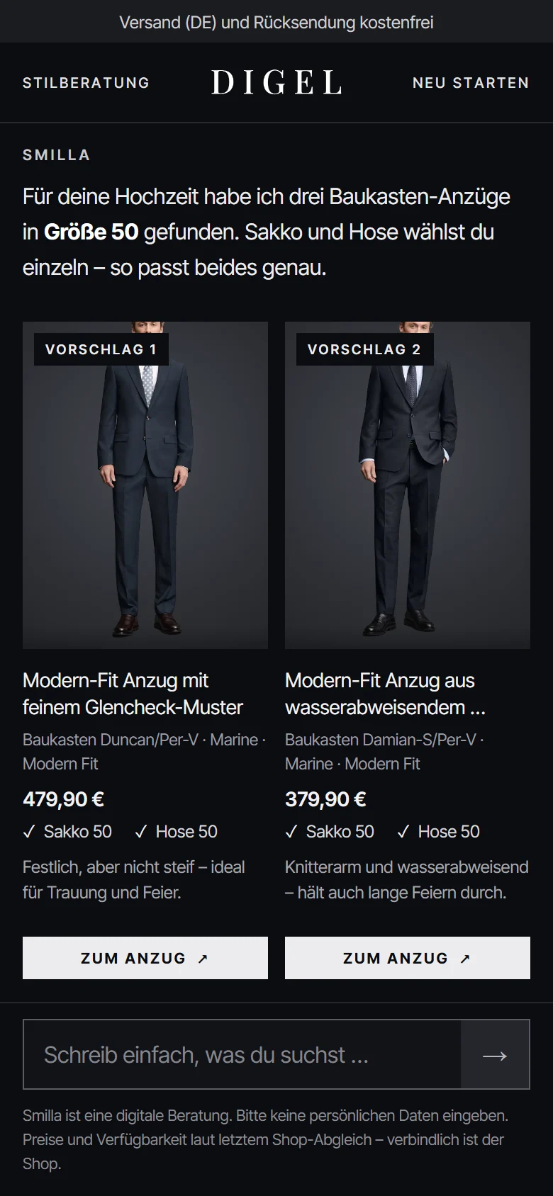 Advisa im Onlineshop, Beispiel DIGEL: Stilberatung mit zwei Anzug-Vorschlägen in Größe 50