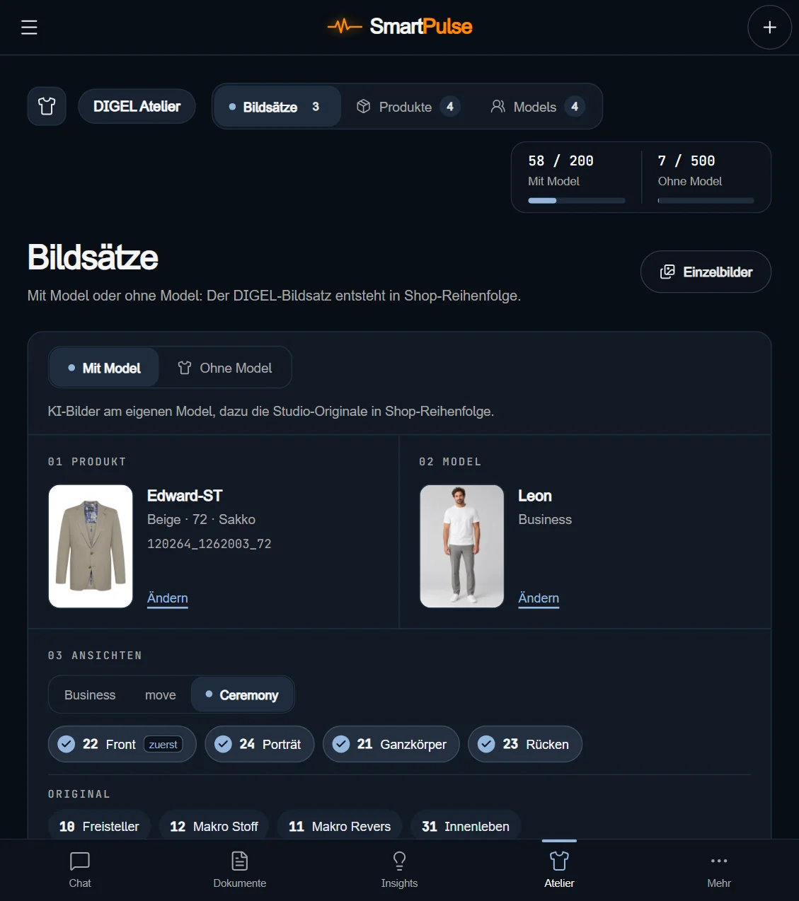 KI-Atelier in SmartPulse, Beispiel DIGEL: Bildsatz mit Sakko, Model und Ansichten in Shop-Reihenfolge